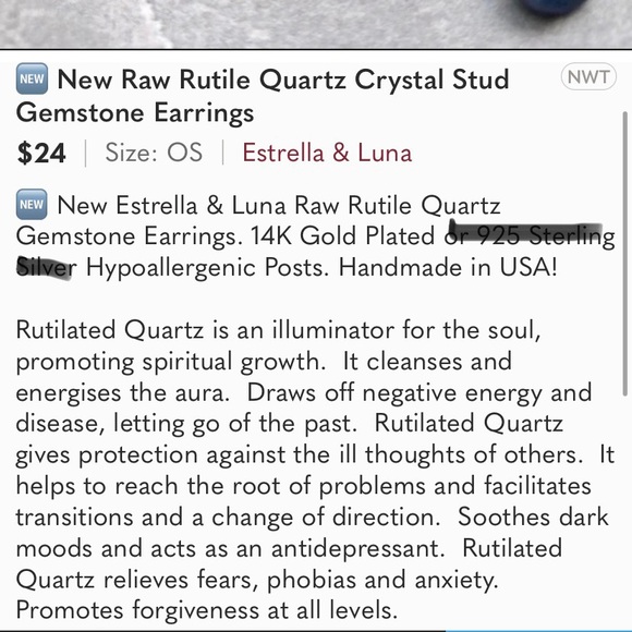 🆕 New Raw Rutile Quartz Crystal Stud Gemstone Earrings, gold posts - Picture 4 of 4